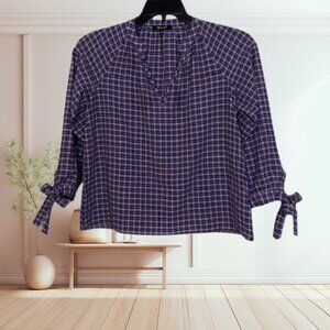 Madewell Plaid Tie-Sleeve Popover Top Cotton Linen Blend Size XS